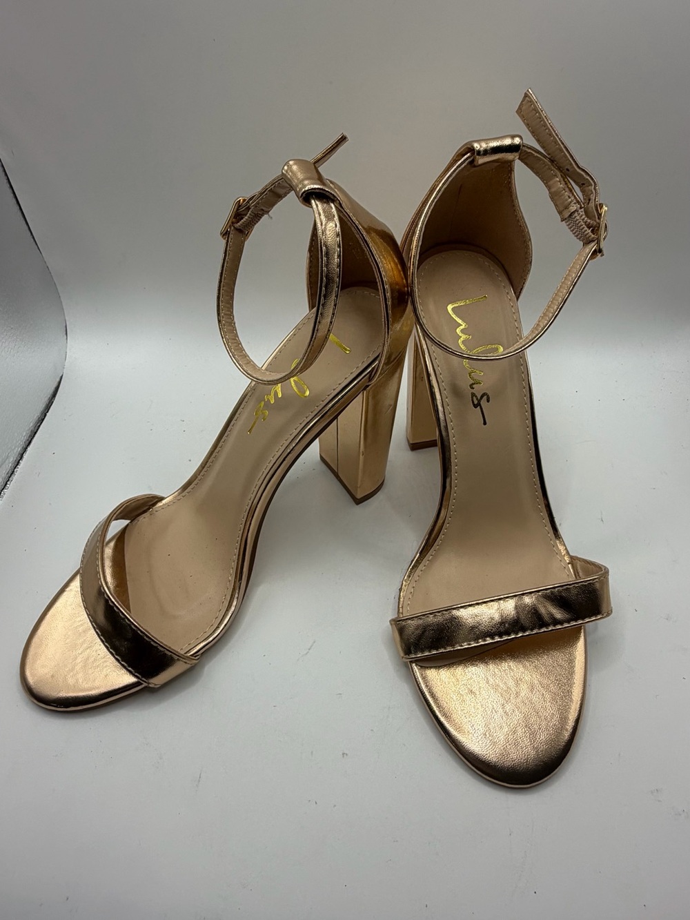 Lulus Mariayan Metallic Gold Block Heel Sandals with Ankle Strap